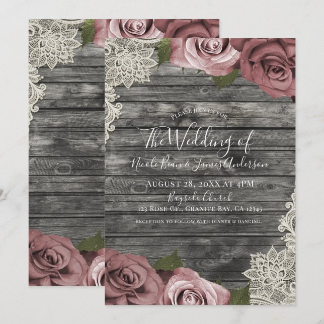 Invitation Roses Rose Poussiéreux Bois Rustique Gris Mariage  (Devant / Derrière)