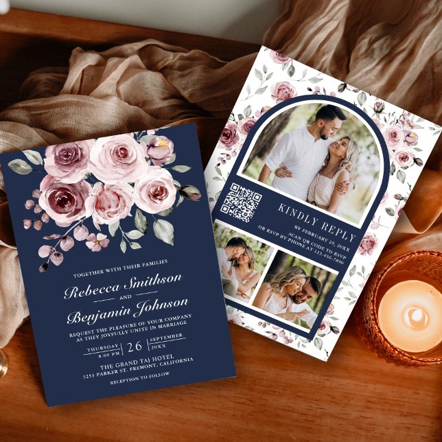 Invitation Roses Rose Poussiéreux Code QR Bleu Marine Mariage (Créateur téléchargé)