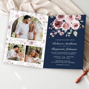 Invitation Roses Rose Poussiéreux Code QR Bleu Nuit Mariage