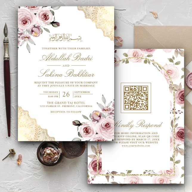 Invitation Roses Rose Poussiéreux Dentelle Dorée Code QR Mari (Créateur téléchargé)