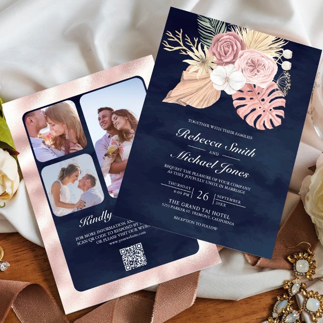 Invitation Roses Rose Poussiéreux Rustique Marine Code QR Mar (Créateur téléchargé)