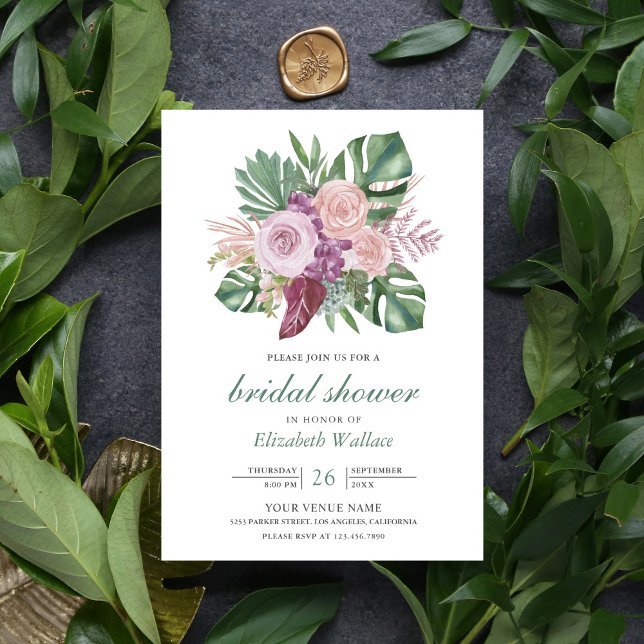 Invitation Roses Rose Poussiéreux Tropical Bridal Monstera (Créateur téléchargé)