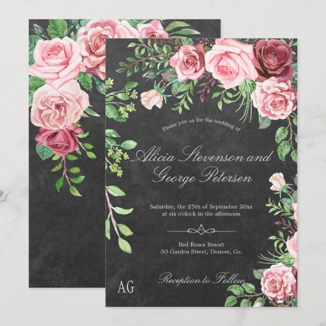 Invitation Roses rose rustique Monogramme Mariage de tableau  (Devant / Derrière)