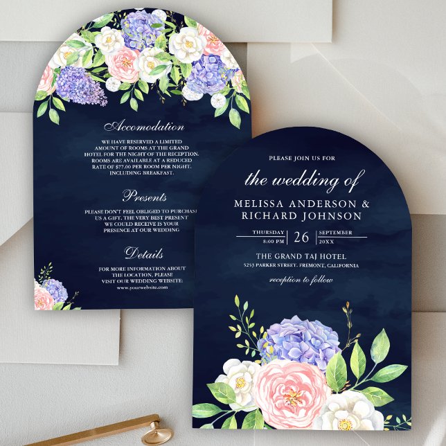 Invitation Roses Rose Saumon Hydrangea Violette Mariage Bleu  (Créateur téléchargé)