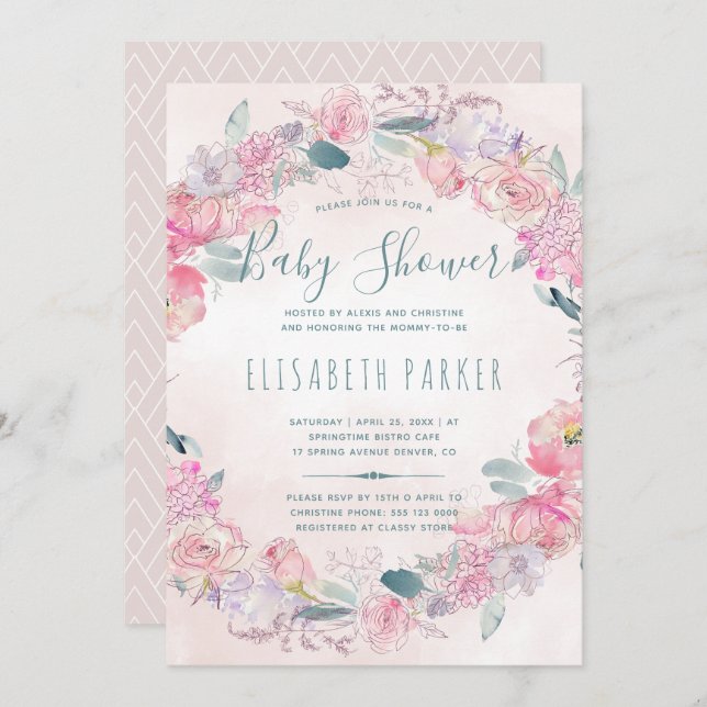 Invitation Roses rose vif wreath chic baby shower romantique (Devant / Derrière)