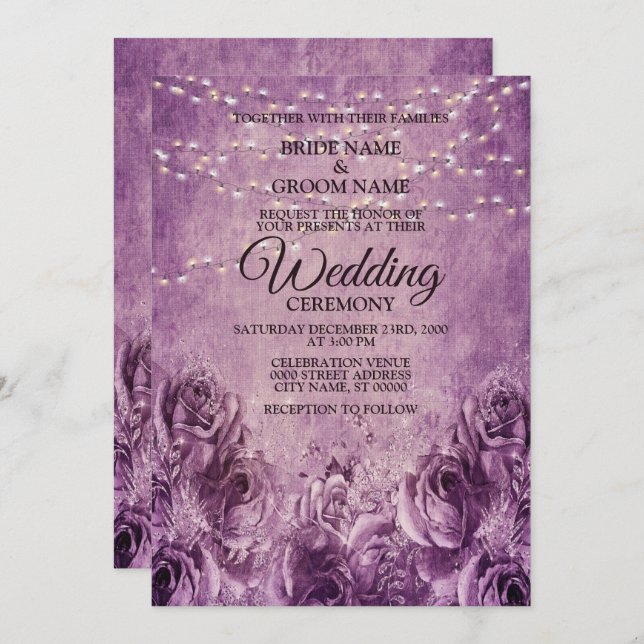 Invitation Roses rose violet fleurie Lilac Vintage Mariage (Devant / Derrière)