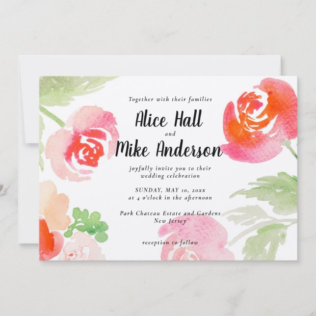 Invitation Roses roses aquarelle (Devant)