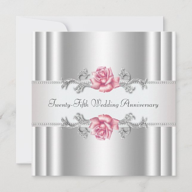 Invitation Roses roses argent 25e anniversaire de mariage (Devant)