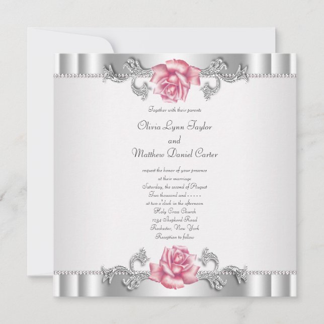 Invitation Roses roses argent blanc rose élégant mariage (Devant)