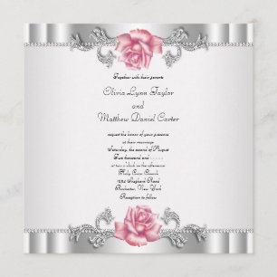 Invitation Roses roses argentées élégantes Mariage blanc rose