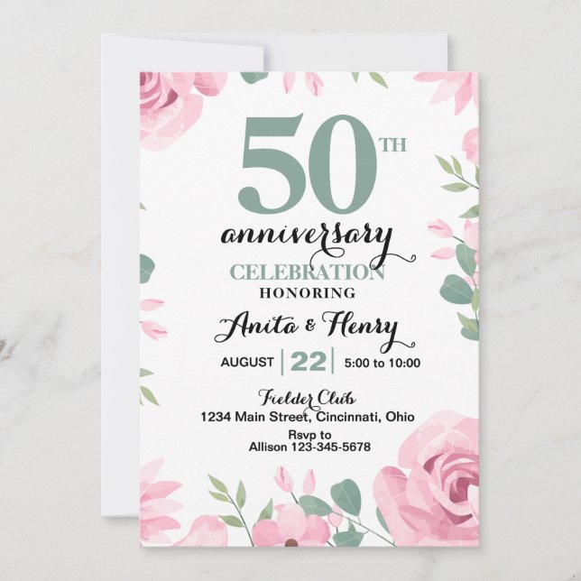 Invitation Roses roses avec texte vert sauge pour anniversair (Devant)