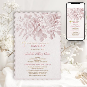 Invitation Roses roses baptême fille Croix en relief faux