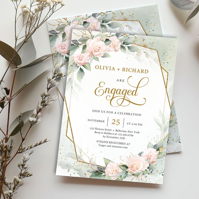 Invitation Roses roses blanches eucalyptus or cadre fiançaill (Modern watercolor pale pink roses mixed eucalyptus and gold frame engagement invitation digital)