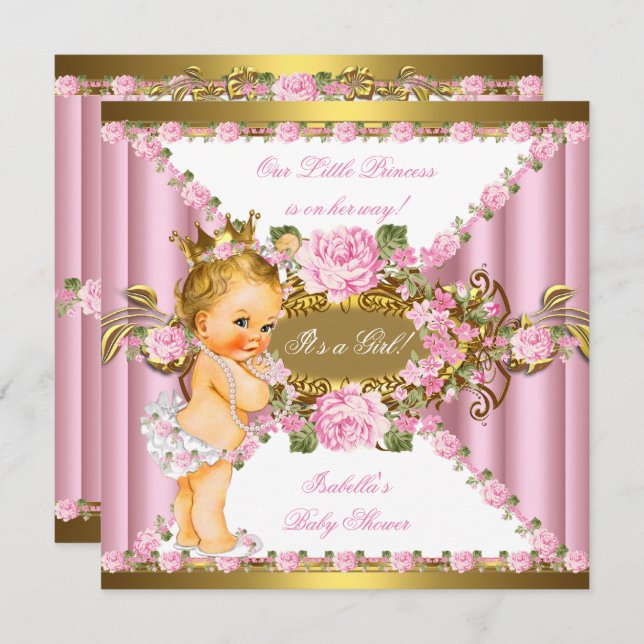 Invitation Roses roses blanches Gold Princesse Baby shower Bl (Devant / Derrière)