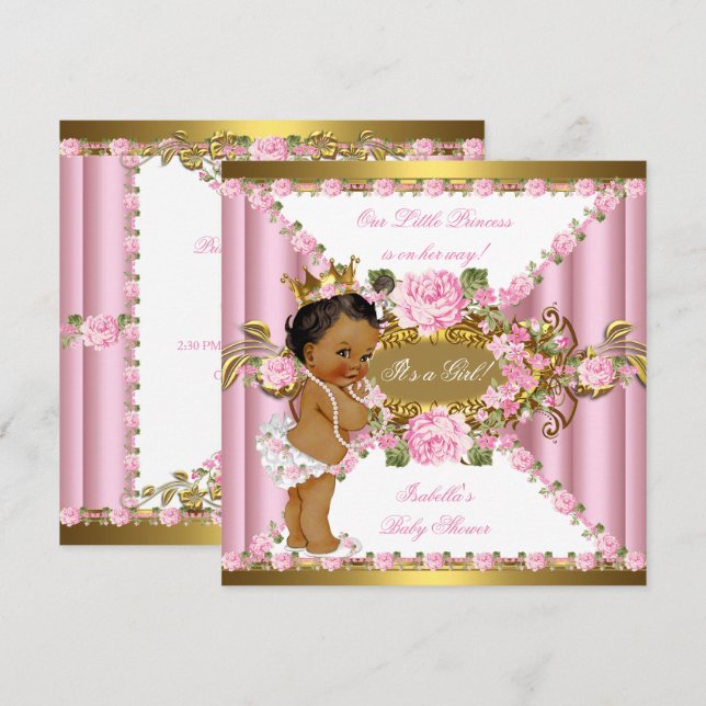 Invitation Roses roses blanches Gold Princesse Baby shower et (Devant / Derrière)