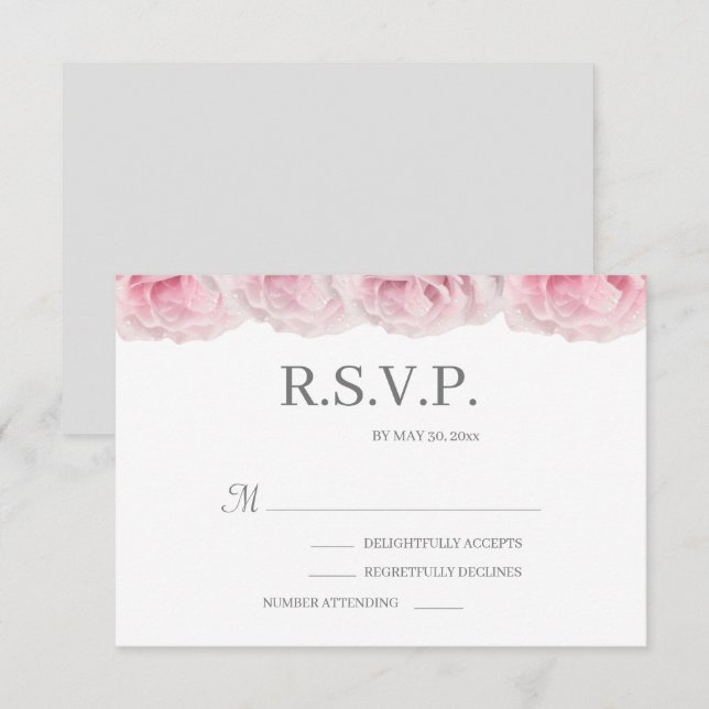 Invitation Roses roses blanches Gris gris élégant Mariage flo (Devant / Derrière)