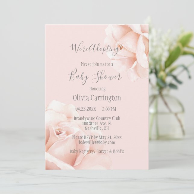 Invitation Roses roses blanches Nous adoptons le Baby shower  (Debout devant)