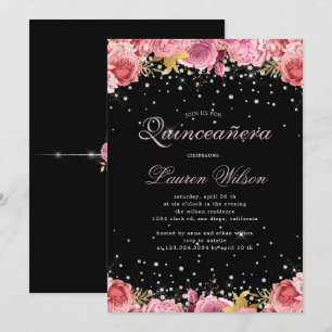 Invitation roses roses carreaux élégant Quinceanera Invitatio