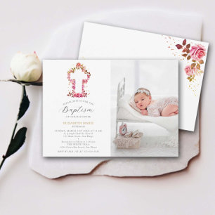Invitation Roses roses Croix blanche Bébé Baptême Photo Baptê