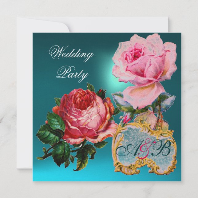 INVITATION ROSES ROSES,CUPIDON DENTELLE COEUR BLEU MONOGRAMME (Devant)