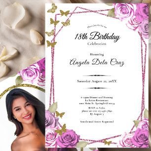 Invitation Roses roses dorées Papillons 18e Début Anniversair