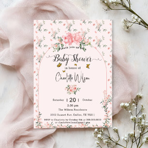 Invitation Roses roses élégantes avec Baby shower de papillon