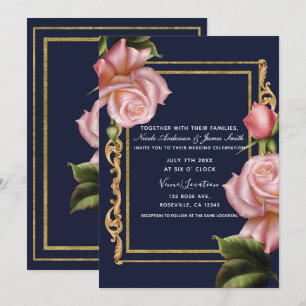 Invitation Roses roses et bleu marine et or mariage moderne