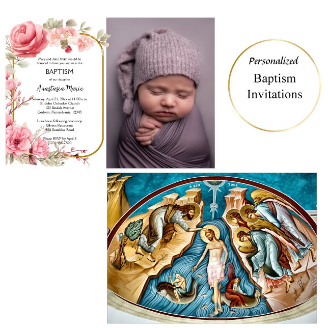 Invitation Roses roses et cadre doré Baptême orthodoxe (Créateur téléchargé)