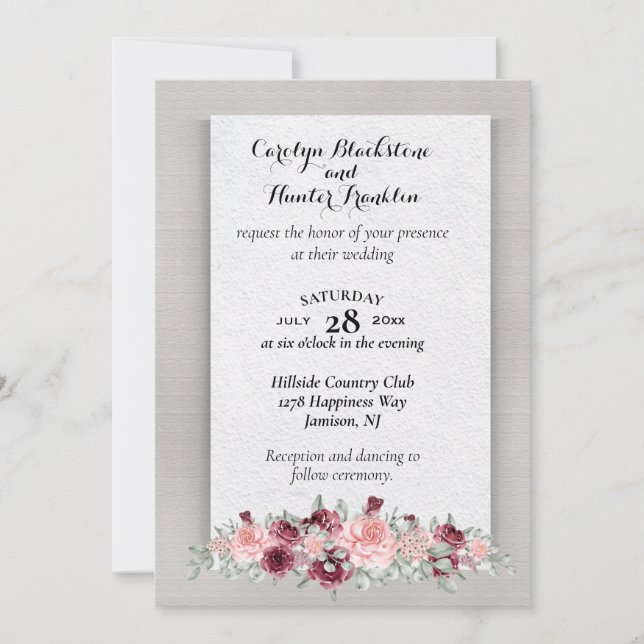 Invitation Roses roses et Crimson avec Mariage Monogram (Devant)