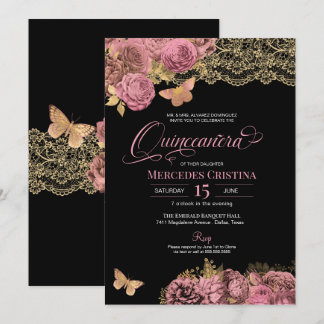 Invitation Roses roses et dentelle Glamour Papillon Quinceañe