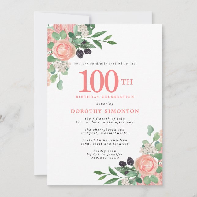 Invitation Roses roses et fleurs blanches 100e anniversaire (Devant)