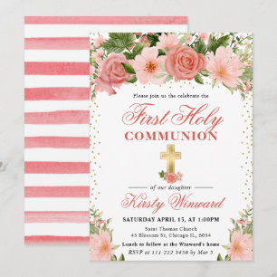 Invitation Roses roses et fleurs Première communion