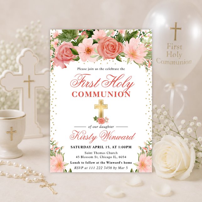 Invitation Roses roses et fleurs Première Sainte Communion (Créateur téléchargé)