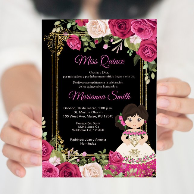 Invitation Roses roses et fond noir Quinceanera (Créateur téléchargé)