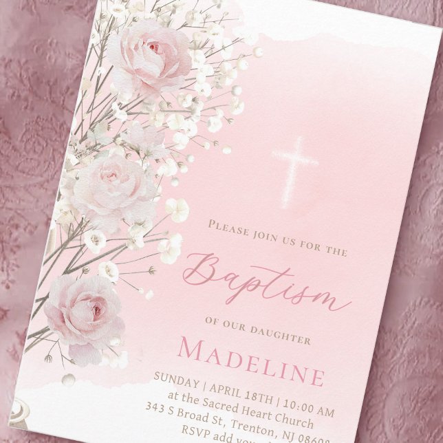 Invitation roses roses et gypsophile | Baptême bébé fille  (Créateur téléchargé)