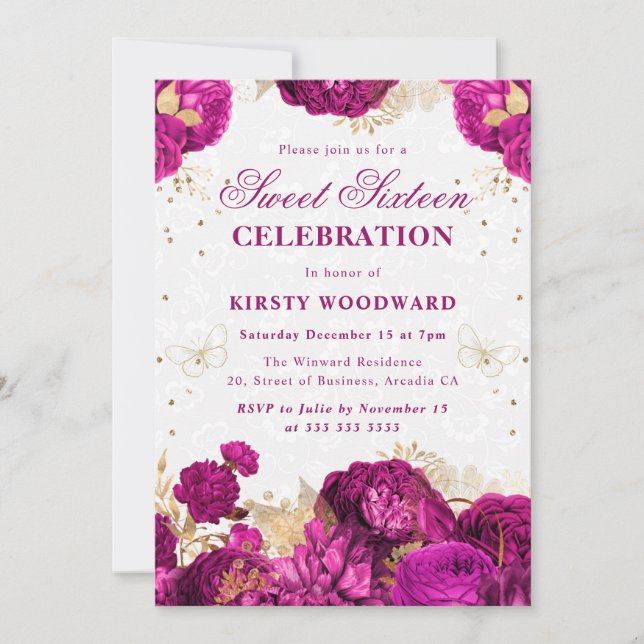 Invitation Roses roses et or chaud Sweet sixteen Floral  (Devant)