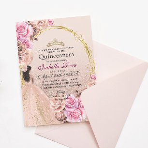 Invitation Roses roses et or rose saumon Elégante Quinceaner