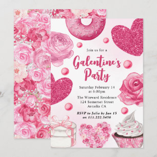 Invitation Roses roses et paillettes et gâteaux Galentine's D