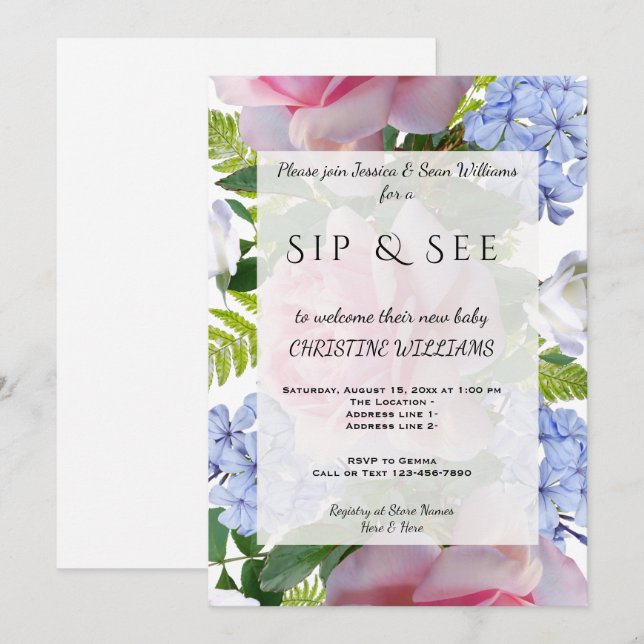 Invitation Roses roses et plumbago bleu Sip & See (Devant / Derrière)