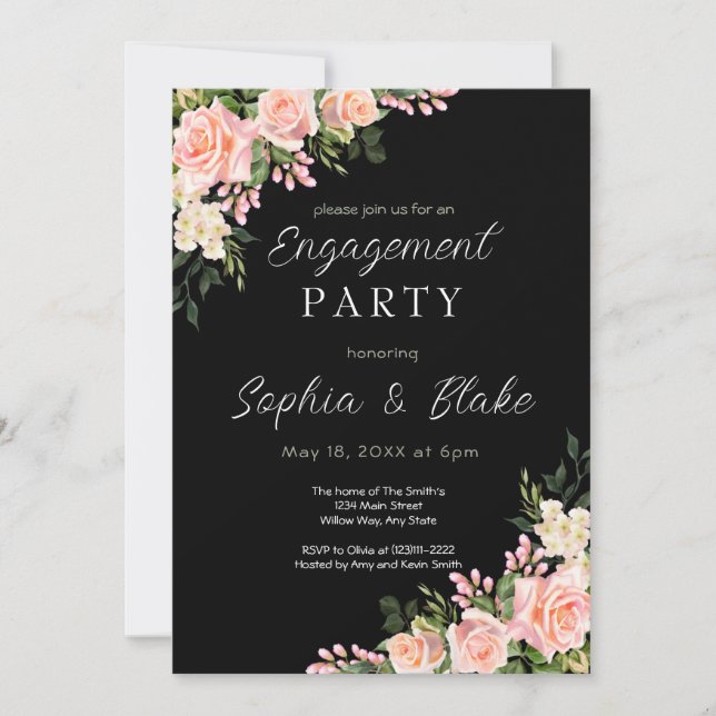 Invitation Roses roses et verdure | Black Engagement Party (Devant)