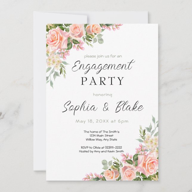 Invitation Roses roses et verdure | White Engagement Party (Devant)