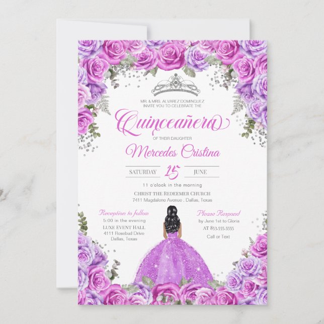 Invitation Roses roses et violets & Silver Tiara Quinceanera (Devant)