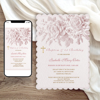 Invitation Roses roses faux gaufrage baptême 1er anniversaire