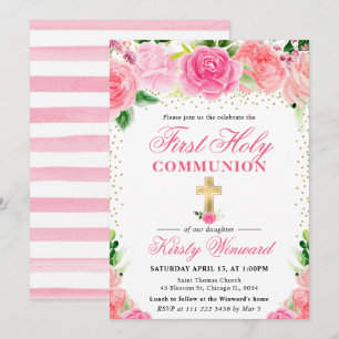 Invitation Roses roses fleurs Première communion