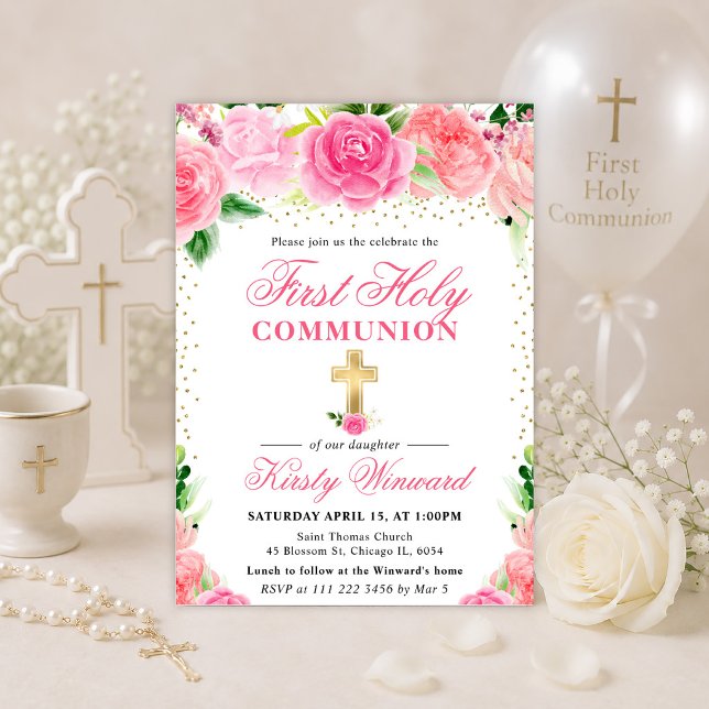 Invitation Roses roses fleurs Première communion (Créateur téléchargé)