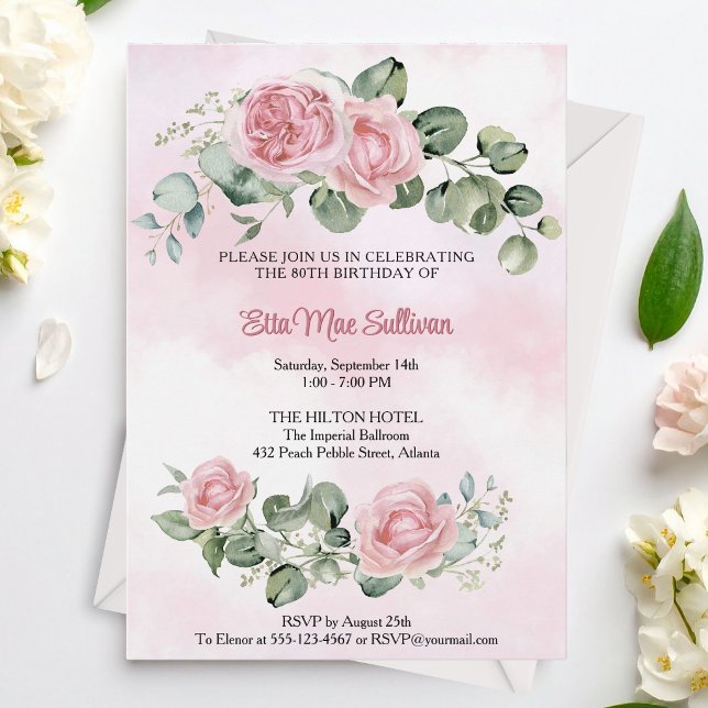 Invitation Roses roses florales et verdure 80e anniversaire (Créateur téléchargé)