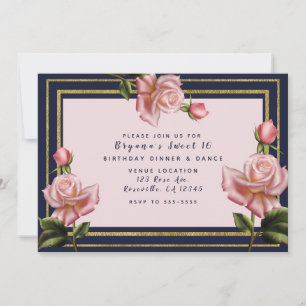 Invitation Roses roses navires bleu et or moderne douce fête
