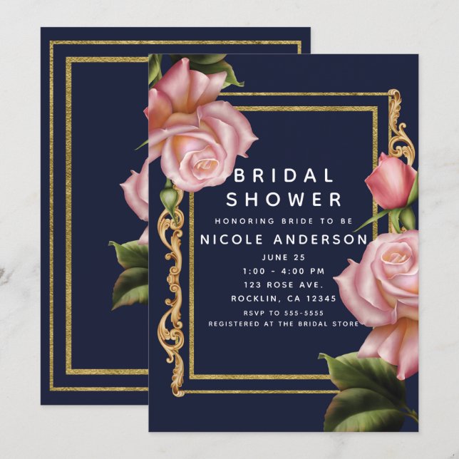 Invitation Roses roses navires bleu et or moderne douche de m (Devant / Derrière)