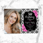 Invitation Roses roses noires Argent noir Damas Photo 50e ann<br><div class="desc">Elégante invitation au 50e anniversaire fleurie féminine avec votre photo. Design noir blanc rose avec faux argent parties scintillant. Caractéristiques noir et blanc damas motif, rose roses, police de script et confetti. Parfait pour une fête anniversaire adulte élégante. Personnalisez avec vos propres détails. Peut être customisé pour n'importe quel âge...</div>