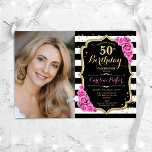 Invitation Roses roses noires Blancs Photo 50e anniversaire<br><div class="desc">Elégante invitation au 50e anniversaire fleurie féminine avec votre photo. Design noir blanc rose avec faux or parties scintillant. Comprend des rayures noires et blanches, des roses roses blanches, des caractères de script et des confettis. Parfait pour une fête anniversaire adulte élégante. Personnalisez avec vos propres détails. Peut être customisé...</div>